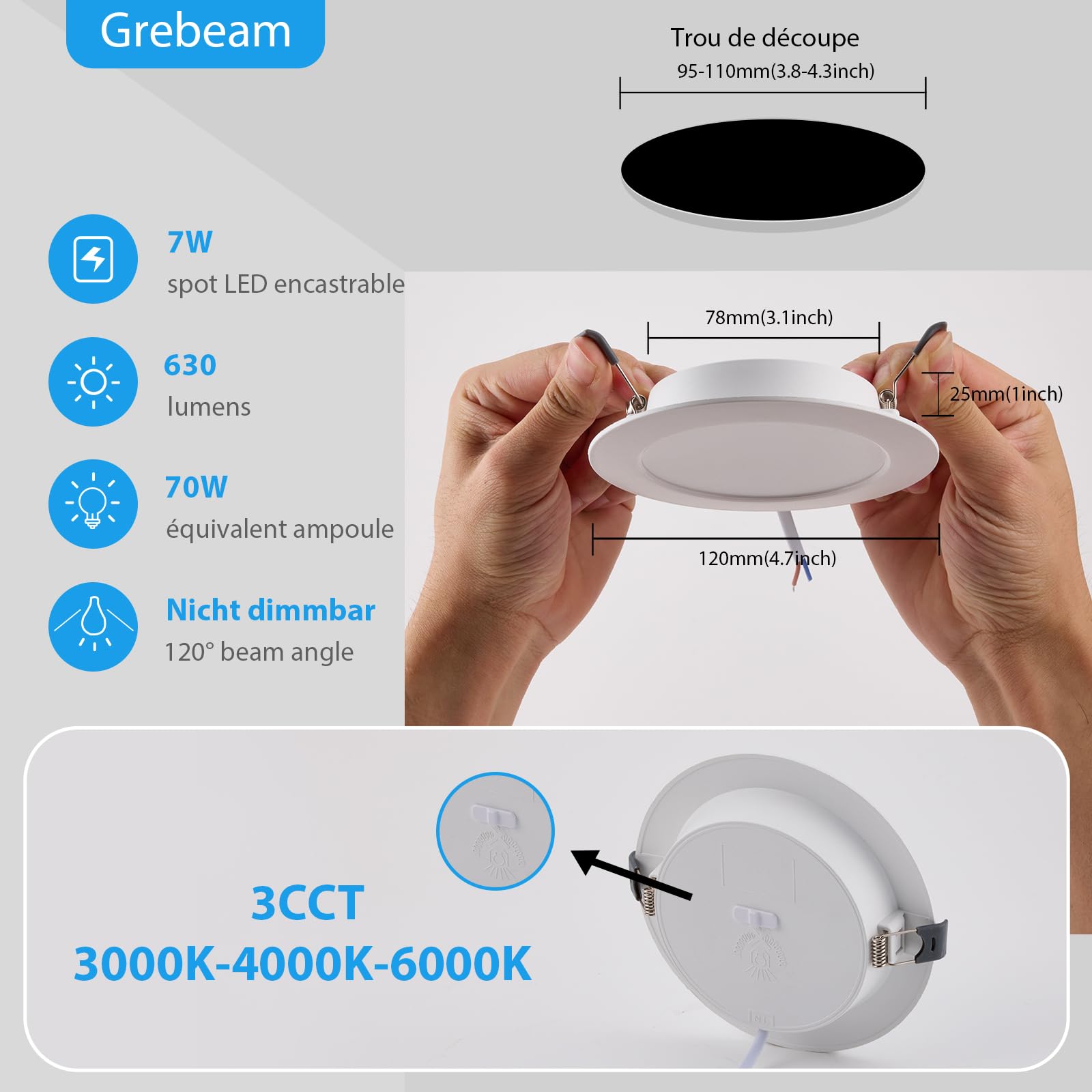 Lot de 6 Spot LED Encastrable 7W, Spot Salle de Bain, Blanc Chaud Blanc Neutre Blanc Froid 3000K/4000K/6500K, Spots de Plafond LED 100mm, pour Cuisine Salon, Rond
