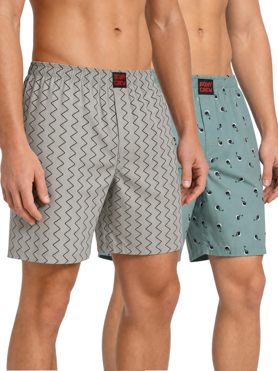 boxy crew Men's 100% Cotton Printed Boxer Shorts Pack of 2 with Dual Side Pockets and Fabric-Covered Waistband - Grey/Green, Styles MBX018, MBX023-picture-36