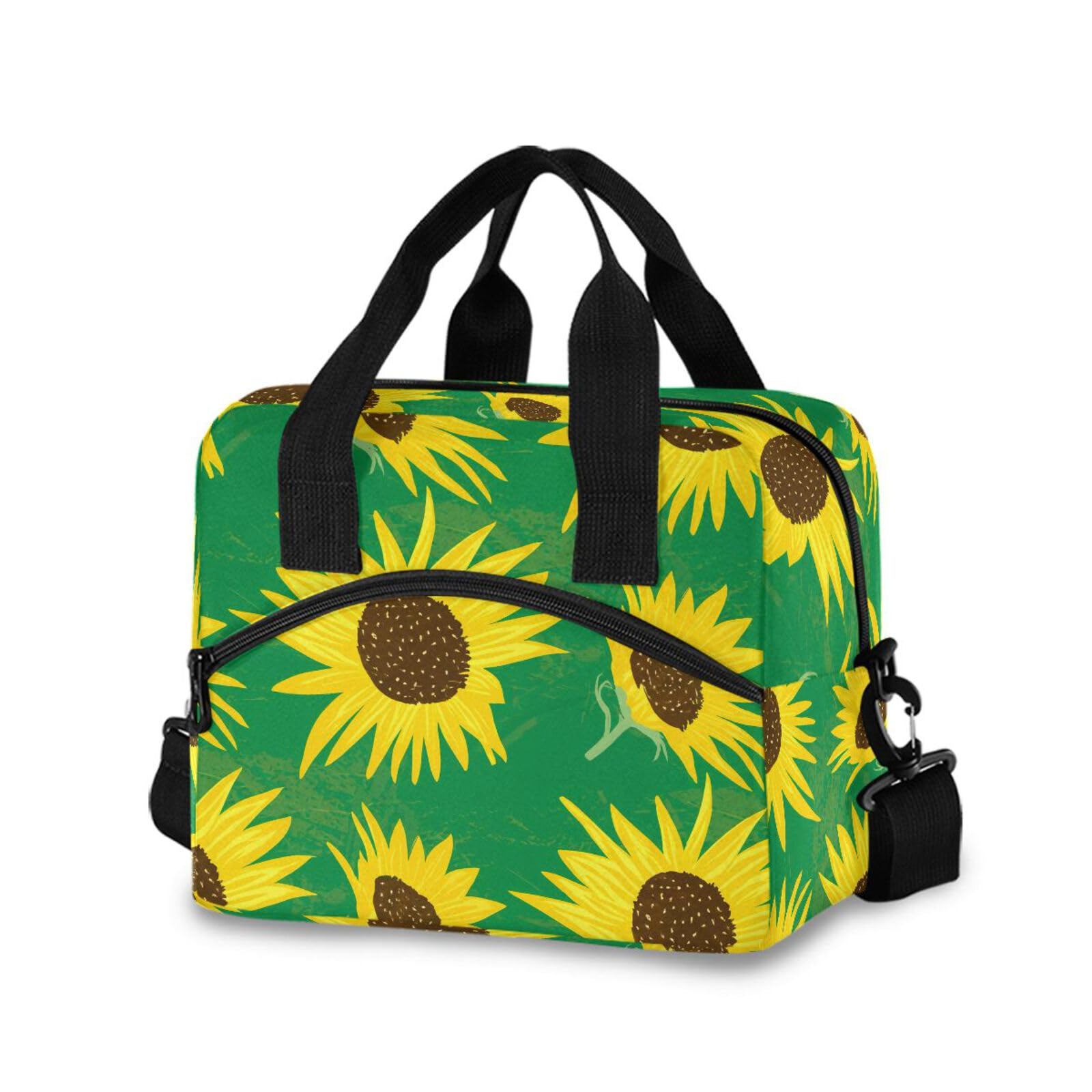 Insulated Lunch Bag Reusable Cooler Sunflower Blossom Green Lunch Box Adjustable Shoulder Strap for Men Women Adults