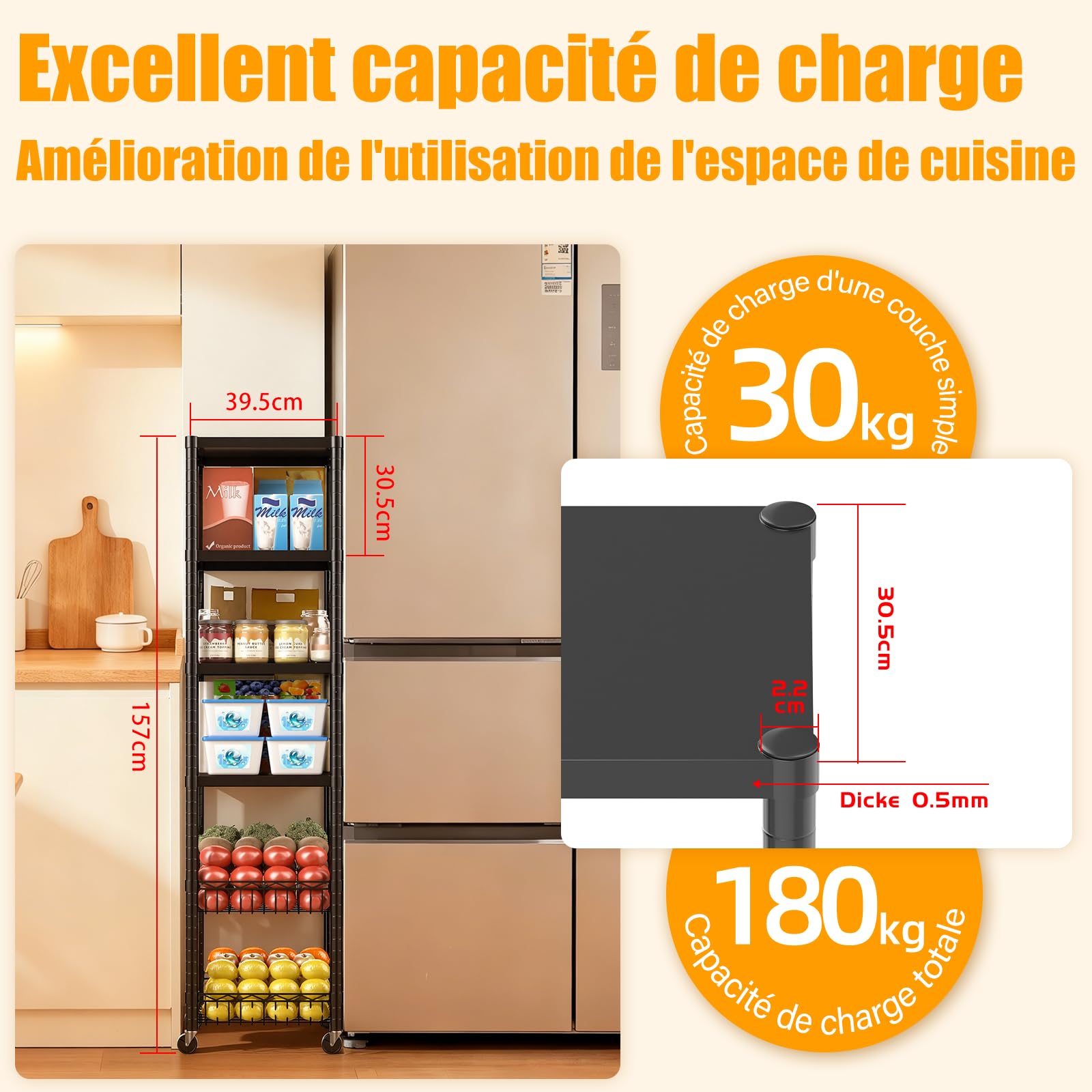 AQRA Etagère Métallique à Tablettes Ajustables pour Cuisine & Garage | 6 Tablettes, dim.30,5×40×157cm, Charge >180kg, Usage Cuisine, Bureau, Garage
