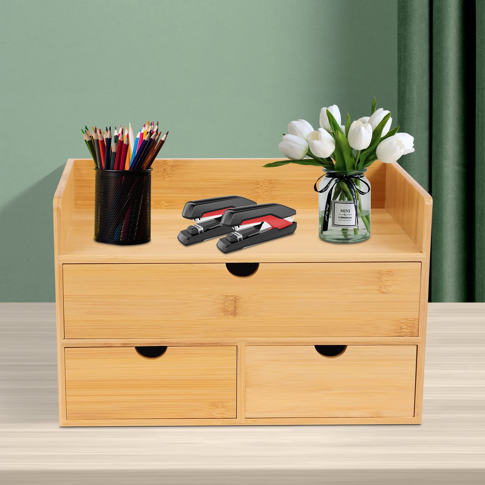 Organizer da scrivania in bambù con 3 cassetti, mini scrivania in bambù, cassetto da tavolo, ordina cassetti, organizzazione su 2 a partire da 1 pareggio, per ufficio, casa, articoli da toeletta