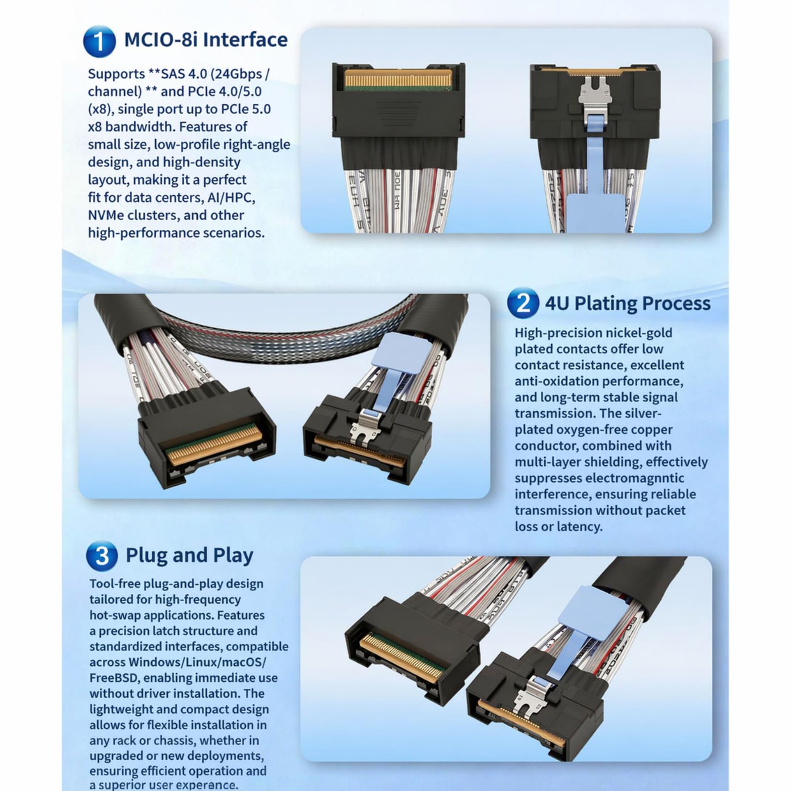 NUEAYMS Cable de datos de servidor SFF-8654 con interfaz MCIO 8X, cable interno de 0, 5 M para transferencia de datos bidireccional en construcciones de hardware de almacenamiento