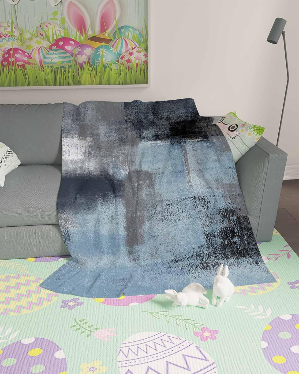 Abstract Flannel Fleece Throw Blanket Grey and Blue Graffiti Oil Painting Ultra Soft Warm Throw Blanket for Bed Couch Sofa Traveling Lightweight Microfiber Fluffy Plush Decorative Throw 50x60 Inch