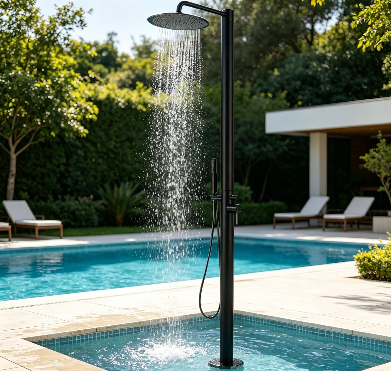 Gartendusche Edelstahl Freistehend Aussendusche Kalt Warm Pool Dusche Aussen Gebürstet Mit Kopf- Und Handbrause Ausgestattet,Schwarz
