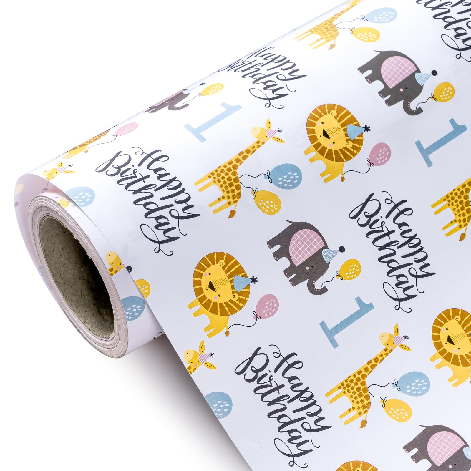 WRAPAHOLIC Papel de regalo de primer cumpleaños – Mini rollo – 17 pulgadas x 9.8 pies – Bonito papel de regalo de animales para cumpleaños de niños, niñas, niños, baby shower