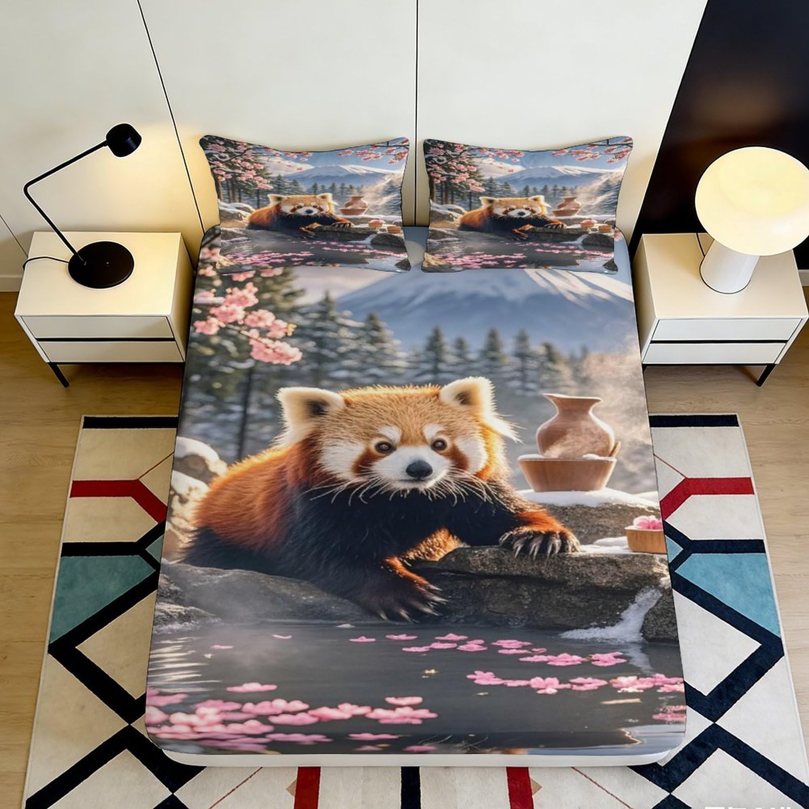 3D Printed Red Panda Fitted Sheet Microfiber Deep Pocket Bedding Non-Slip Elastic Hem Red Panda Mattress Fitted Cover for Adults 120x200x25cm