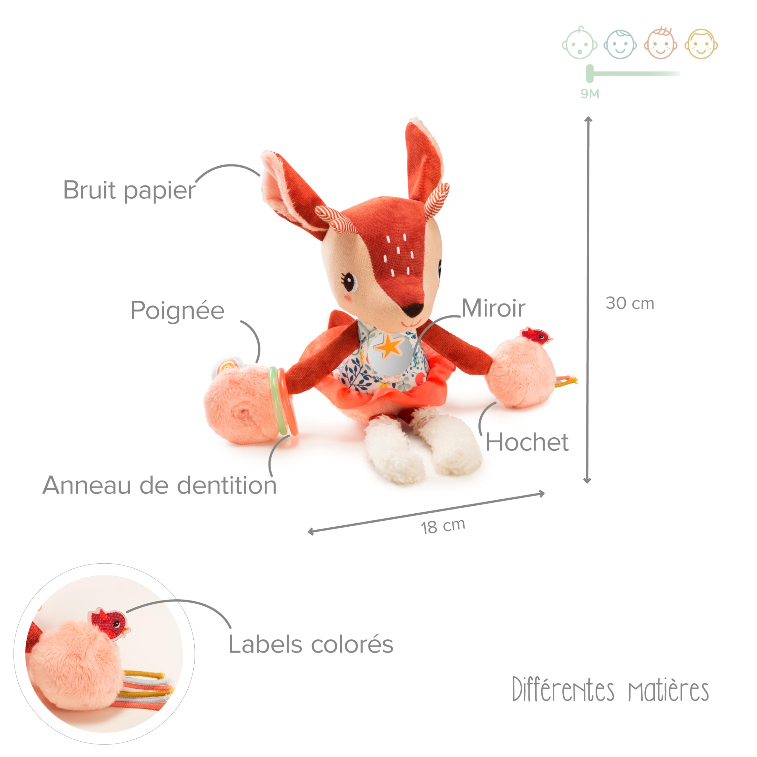 LILLIPUTIENS, Stella the Fawn Activity Rattle, Interactive Plush for Babies with Mirror Bell, and Crinkling Paper - Image 3