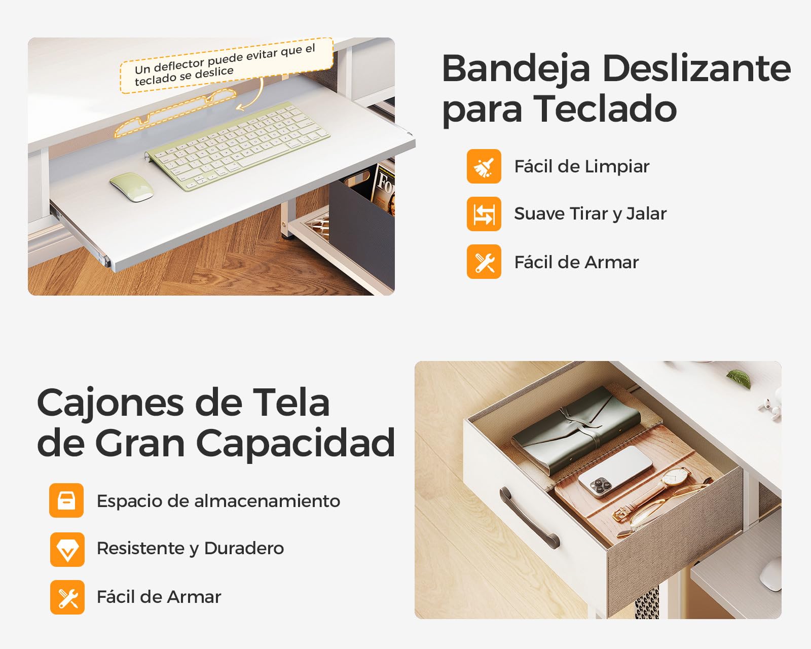 ODK Escritorio de Ordenador, 120x48cm Escritorio con 2 Cajones y Bandeja para Teclado, Escritorio de Oficina con Soporte para Monitor, Mesa de Escritorio con Estante Reversible para Oficina, Blanco