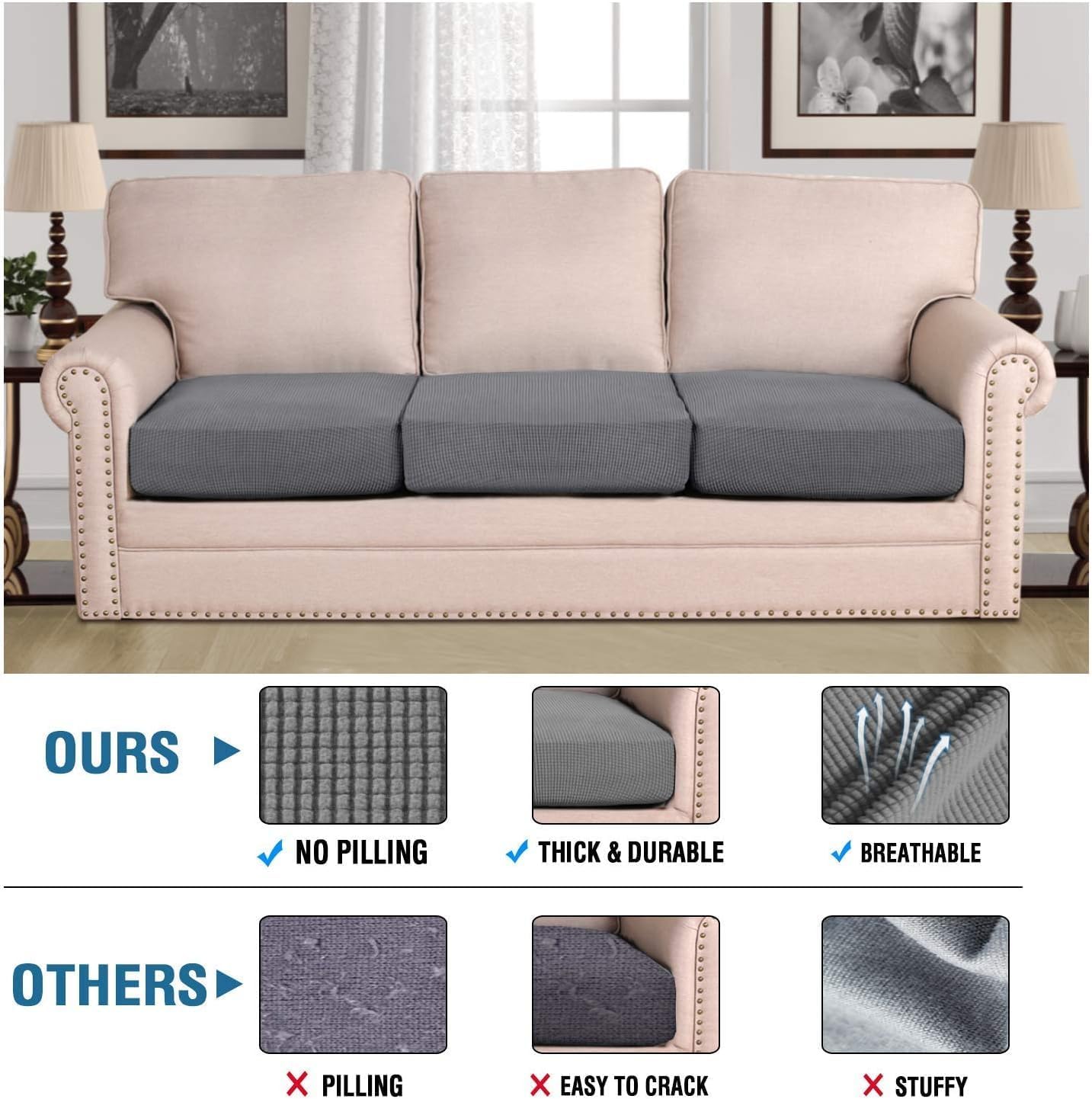 ADPON Super Stretch Individual Seat Cushion Covers Sofa Covers Couch Cushion Covers Slipcover Sets Thick Jacquard Textured Twill Fabric (3 Cushion Sofa,Grey)