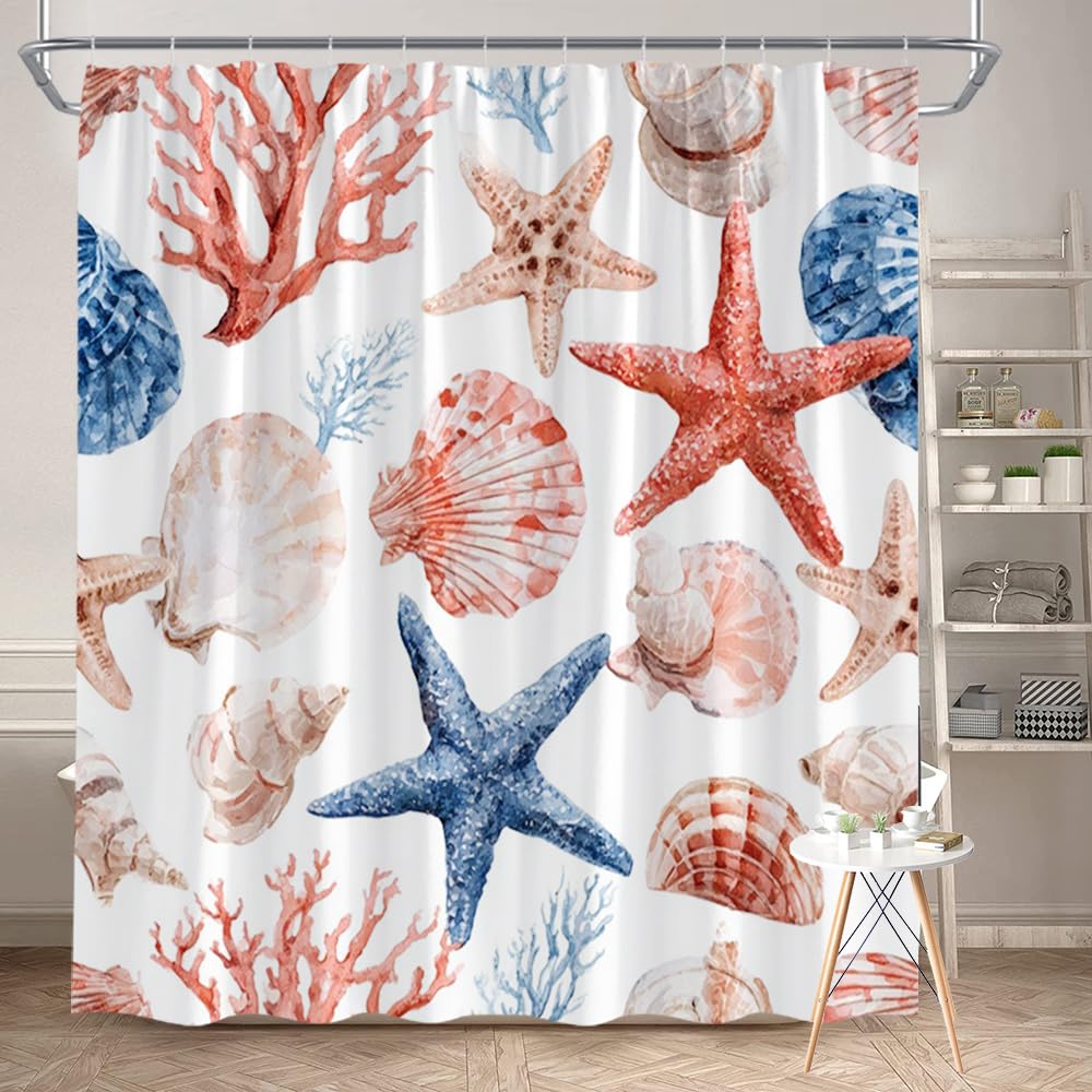 GLWDMB 1 Piece 120x180CM Colorful Shells Starfish and Coral Printed Shower Curtain With Hook, Polyester, for Windows And Walls, Bathtub, Bathroom, Machine Washable, All Season Universal