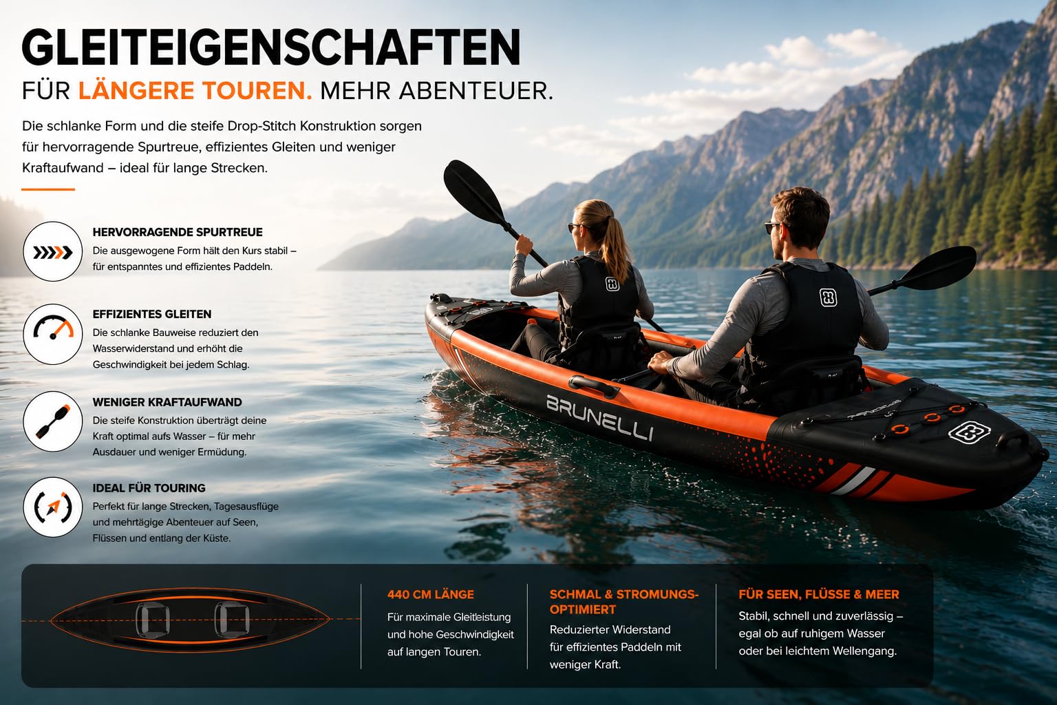 BRUNELLI Raptor 440 Kayak Gonfiabile per 2 Persone, Drop-Stitch Kayak da Touring, 10 PSI, 3 Camere d'Aria, Include 2 Pagaie, 2 Sedili, Pompa, Pinne e Borsa per il Trasporto