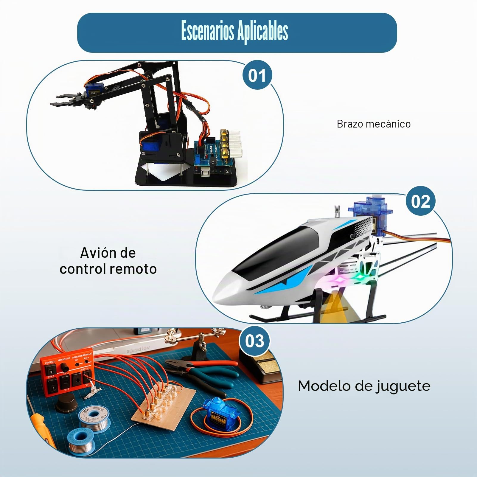 Paquete de 3 microservomotores de 9G, servo SG90 para Arduino, miniservos para proyectos RC, Brazos robóticos, helicópteros, Barcos y vehículos, Control por Cable, ángulo de Control de 180°, Azul