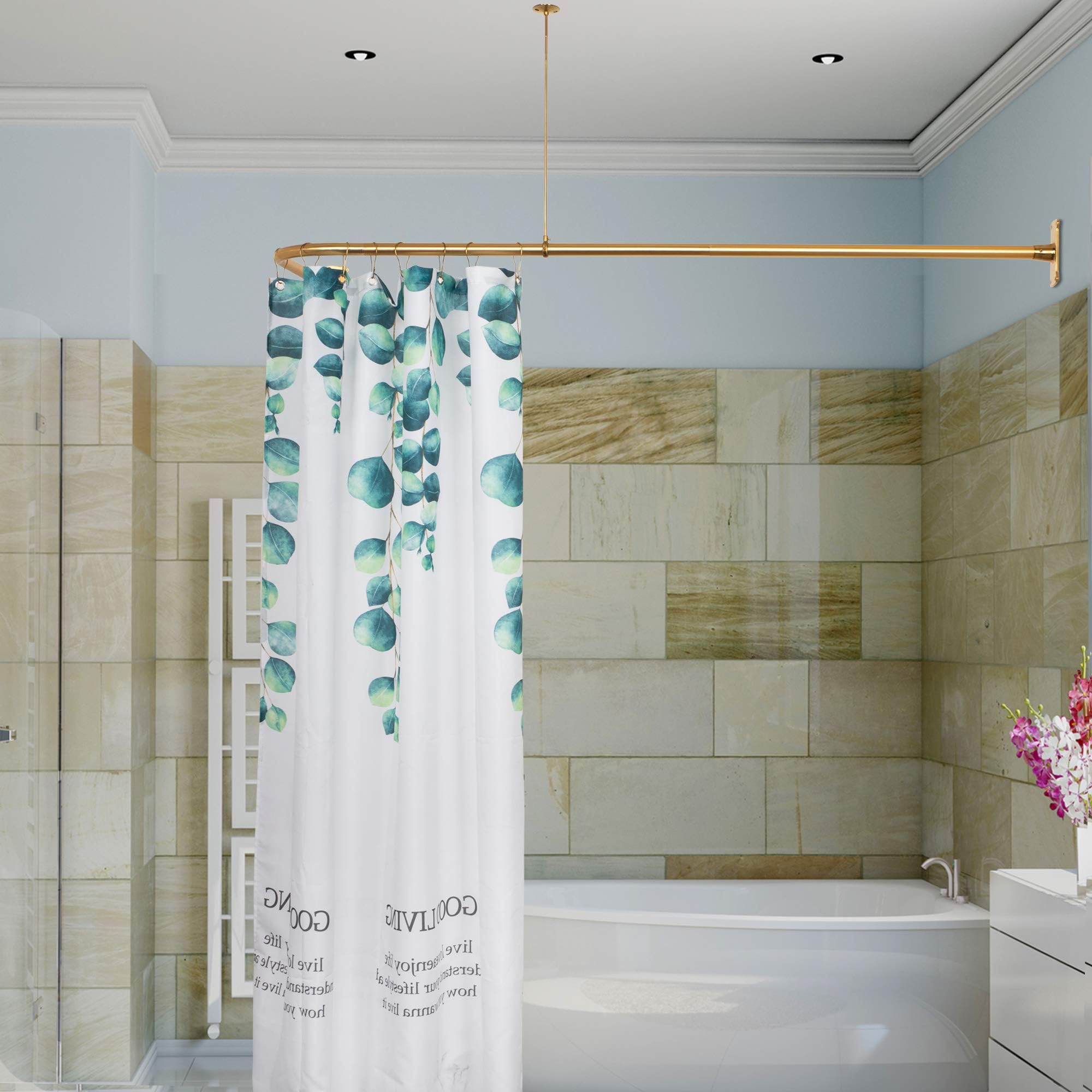 Artiwell L-Shaped Shower Curtain Rod Bathroom Bathtub Corner Shower Curtain Rod with Ceiling Support (Satin Gold/Brass)