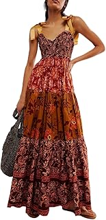 Vestido Largo de Verano para Mujer, con Tirantes y Cuello en V, Estampado Floral, Vestido de Patchwork con gradas, Vestido de Verano Fluido, Color marrón-L