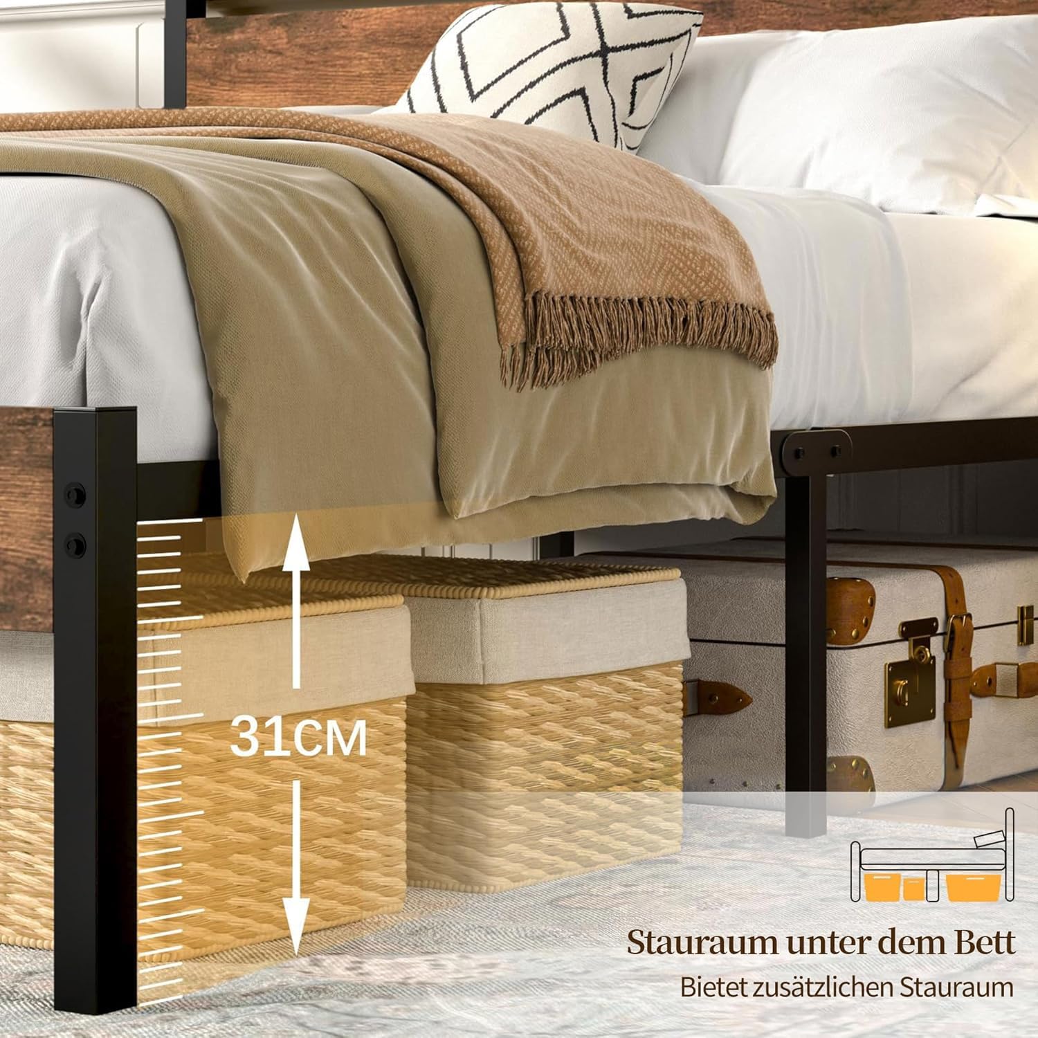 VECELO Bettgestell 140 x 200 cm Metallbett mit Dick Holzkopfteil, Bett Bettrahmen Doppelbett mit Lattenrost, Jugendbett Gästebett, Viel Stauraum unter dem Bett, perfekt für Schlafzimmer, Braun