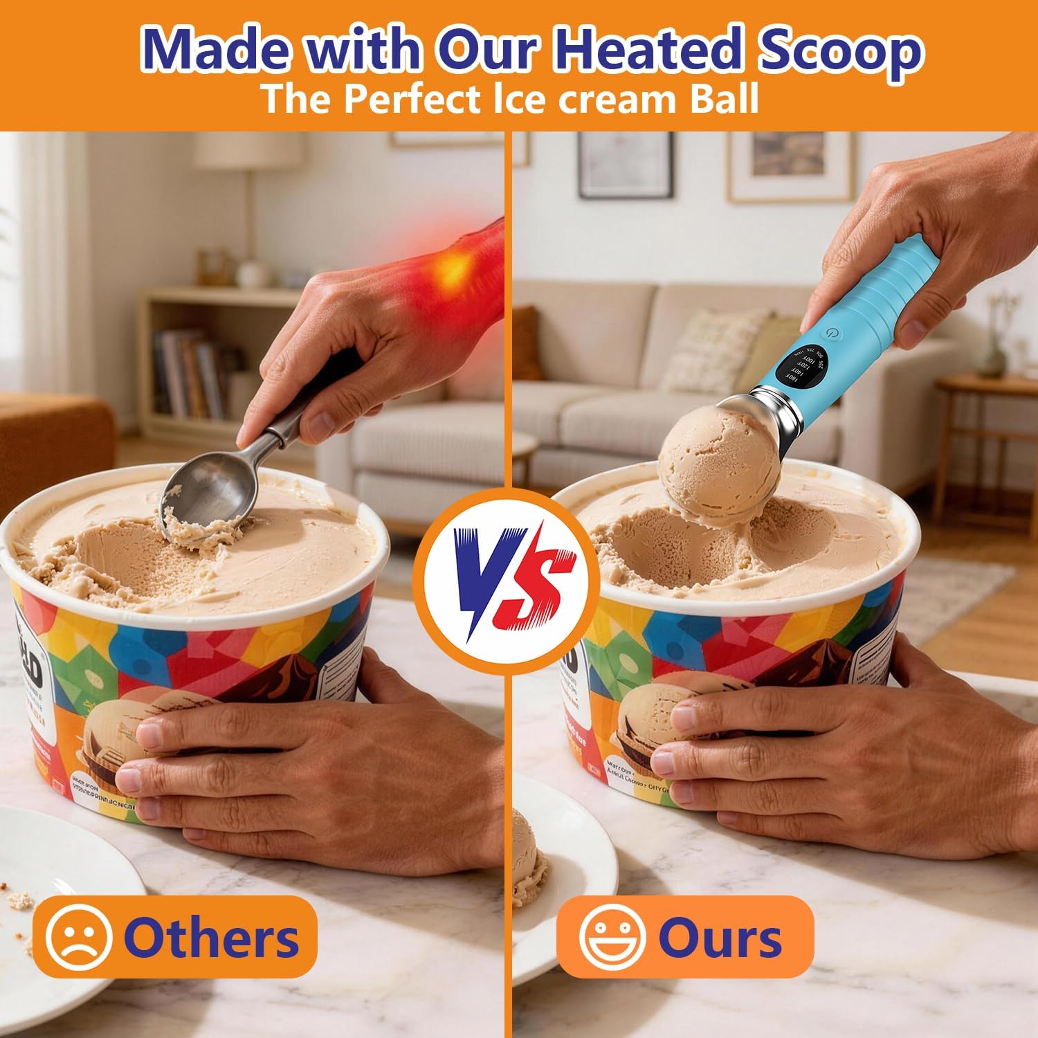 Heated Ice Cream Scoop Rechargeable, Electric Warming Ice Cream Scooper with LED Display, Heats to 158°F for Hard Ice Cream & Home Use, IP67 Waterproof, Blue