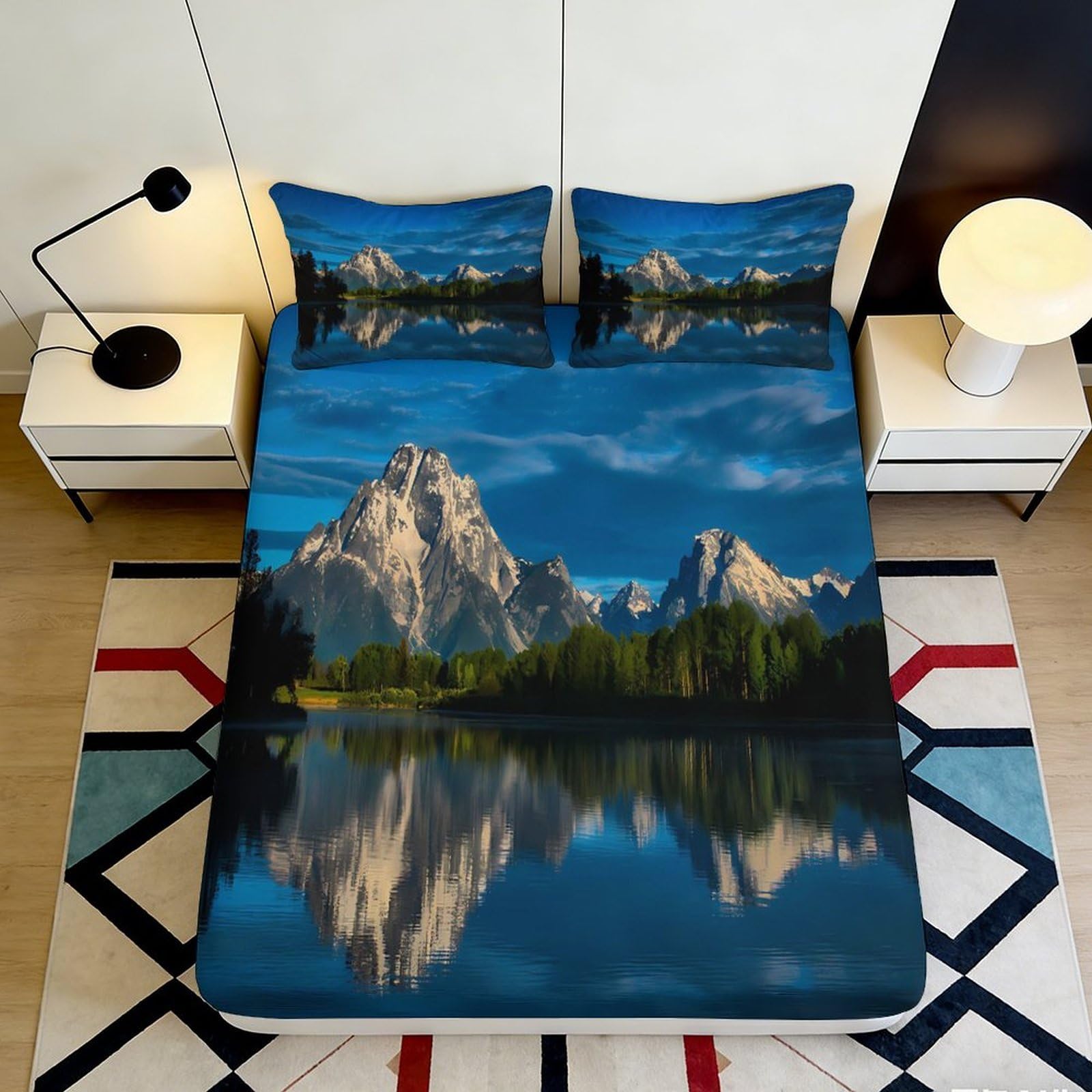 3D Printed Mountain Lake Fitted Sheet Microfiber Scenic Nature Bed Cover for Bedroom Guest Room Mattress Decor 90x200x25cm