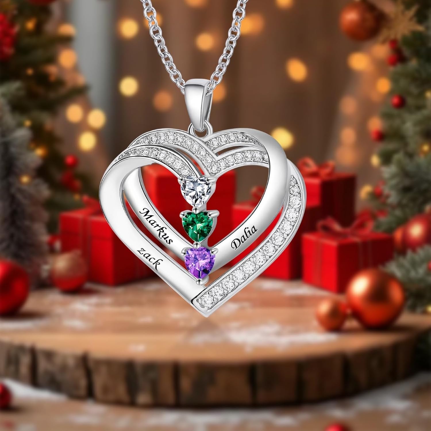 S925 Sterling Silver Personalized Family Birthstone Heart Necklace Custom Name Birthstone Necklace for Christmas Birthday Mother’s Day Gifts for Women