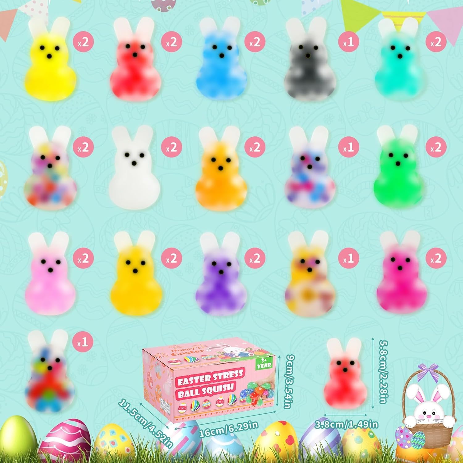 28Packs Easter Bunny Stress Balls,Easter Basket Stuffers,Easter Squishy Squeeze Balls Bulk Fidget Toys for Adults,Stress Relief Balls,Easter Gifts Party Favors (Colorful-Bunny)