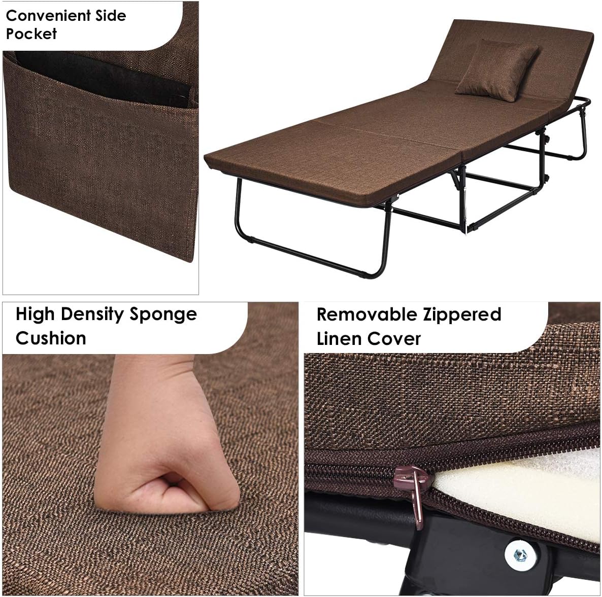 KOTEK Folding Bed, Convertible Ottoman Bed Rollaway Guest Bed with Pillow, Side Pocket, Lockable Wheels, 6-Position Adjustable Recliner Chair, 78'' x 35'' (Brown)