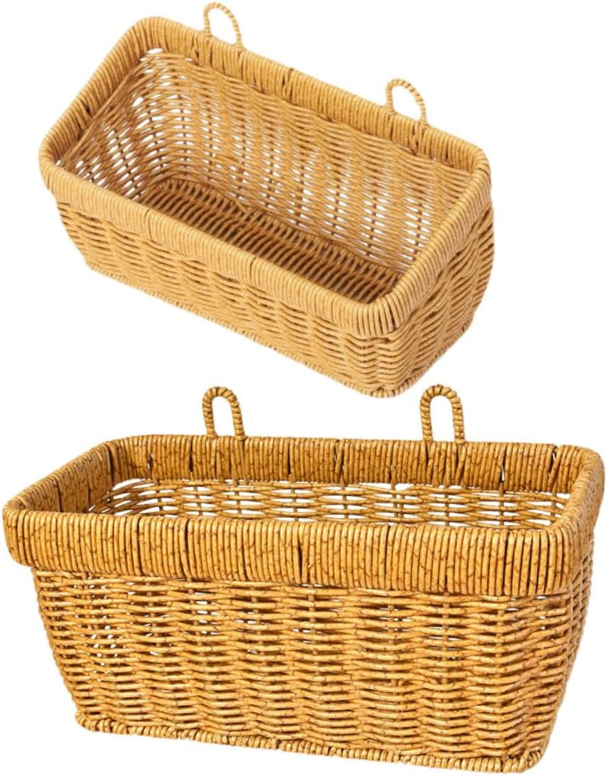 2pcs Kitchen Wall Hanging Baskets Set, Large and Small Fake Rattan Woven Storage Bins with Hooks for Garlic, Onion, Fruit, and Vegetable Organization in Kitchen