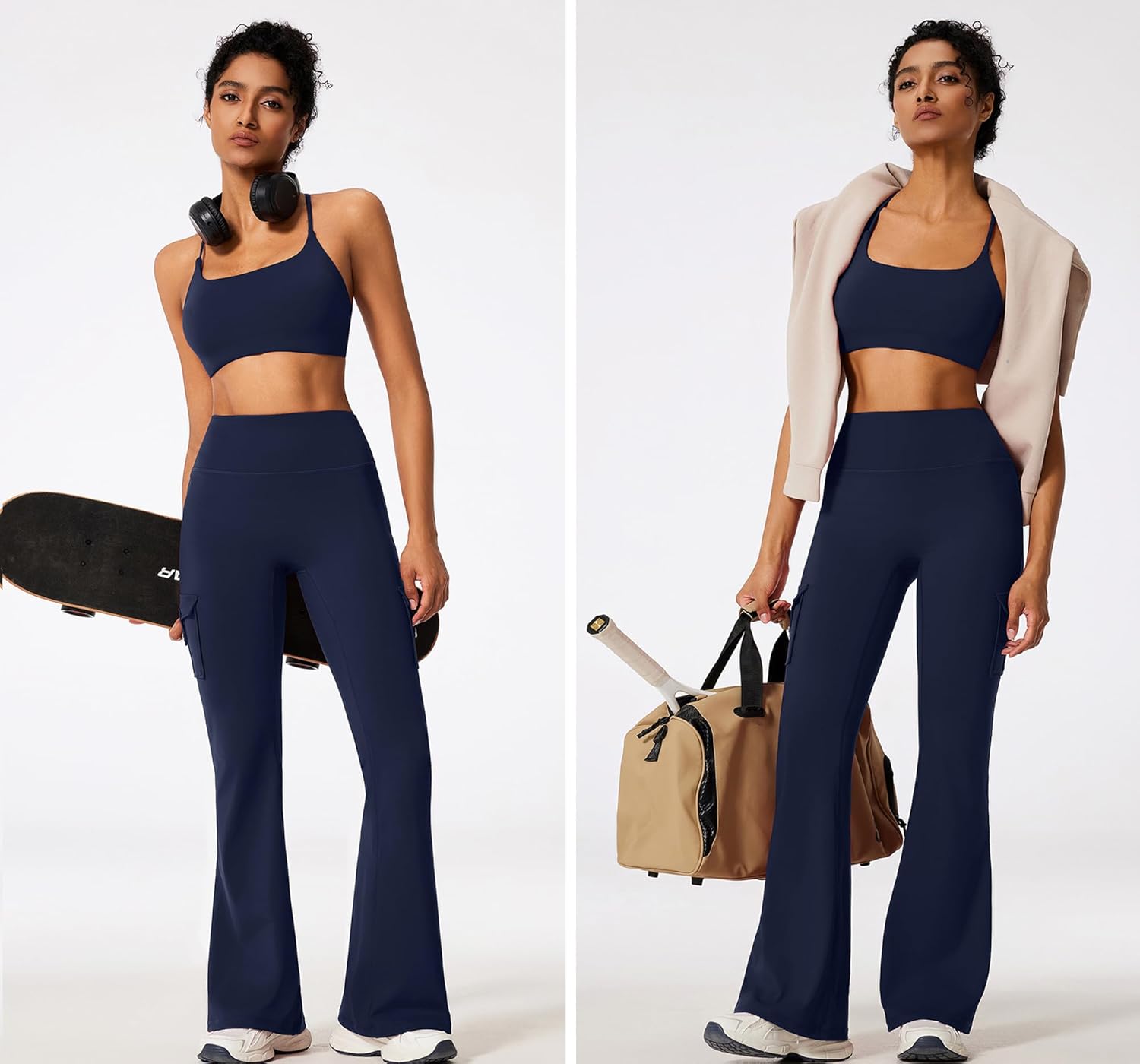 RXRXCOCO Women 2 Piece Workout Sets Flare Leggings with Pockets Butt Lifting High Waisted Cargo Gym Yoga Sets Pilates Outfits - Image 5