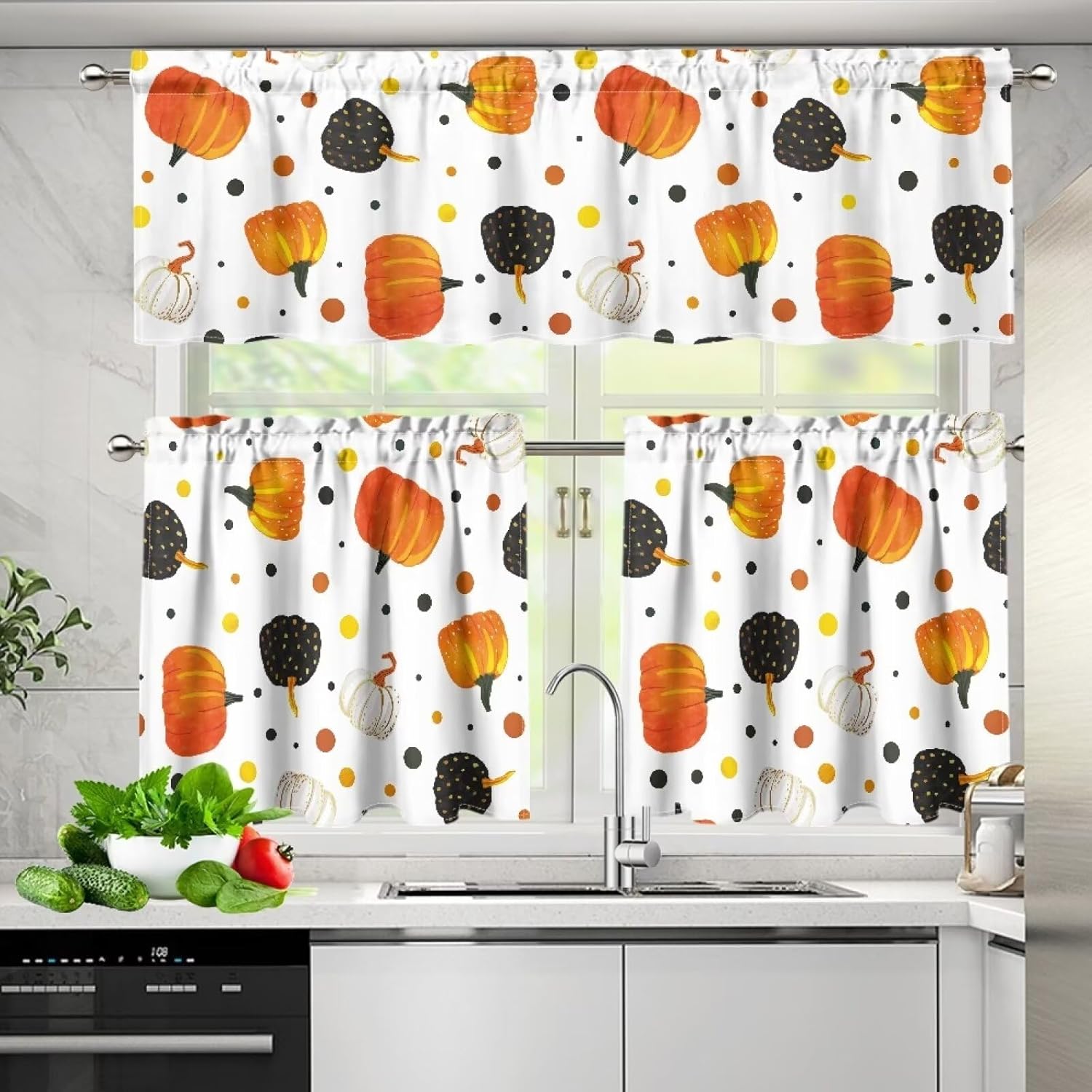 Pumpkin Pattern Kitchen Curtains and Valances Set Tier Curtains 24 Inch Length Living Room Bedroom Bathroom Farmhouse Curtains 3 Piece Set Rod Pocket for Fall Thanksgiving Decor