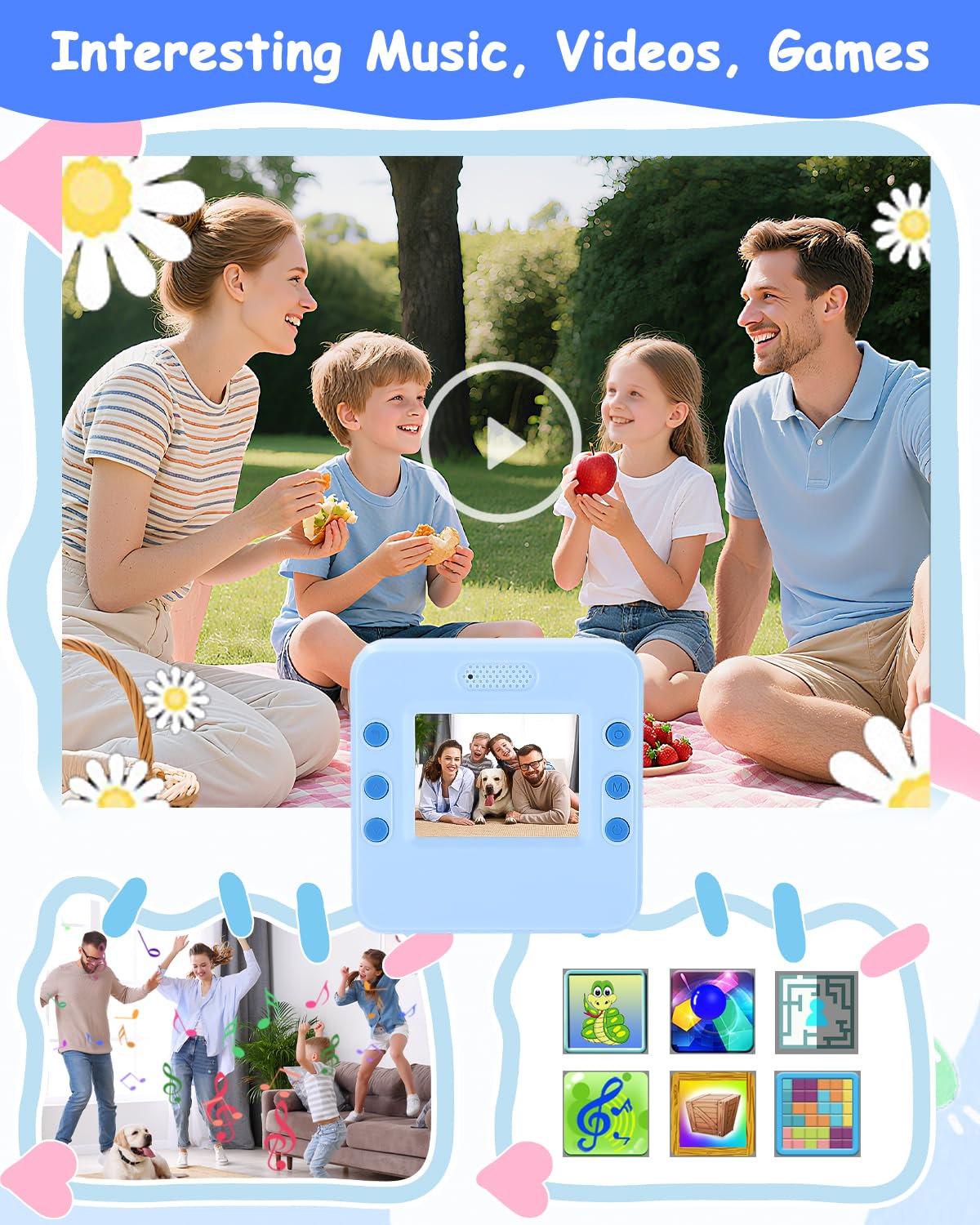 Cámara instantánea para niños, 1080P HD, cámara instantánea con impresión instantánea, tarjeta SD de 32 GB y 5 rollos de papel fotográfico, regalo para niñas y niños a partir de 3 – 12 años