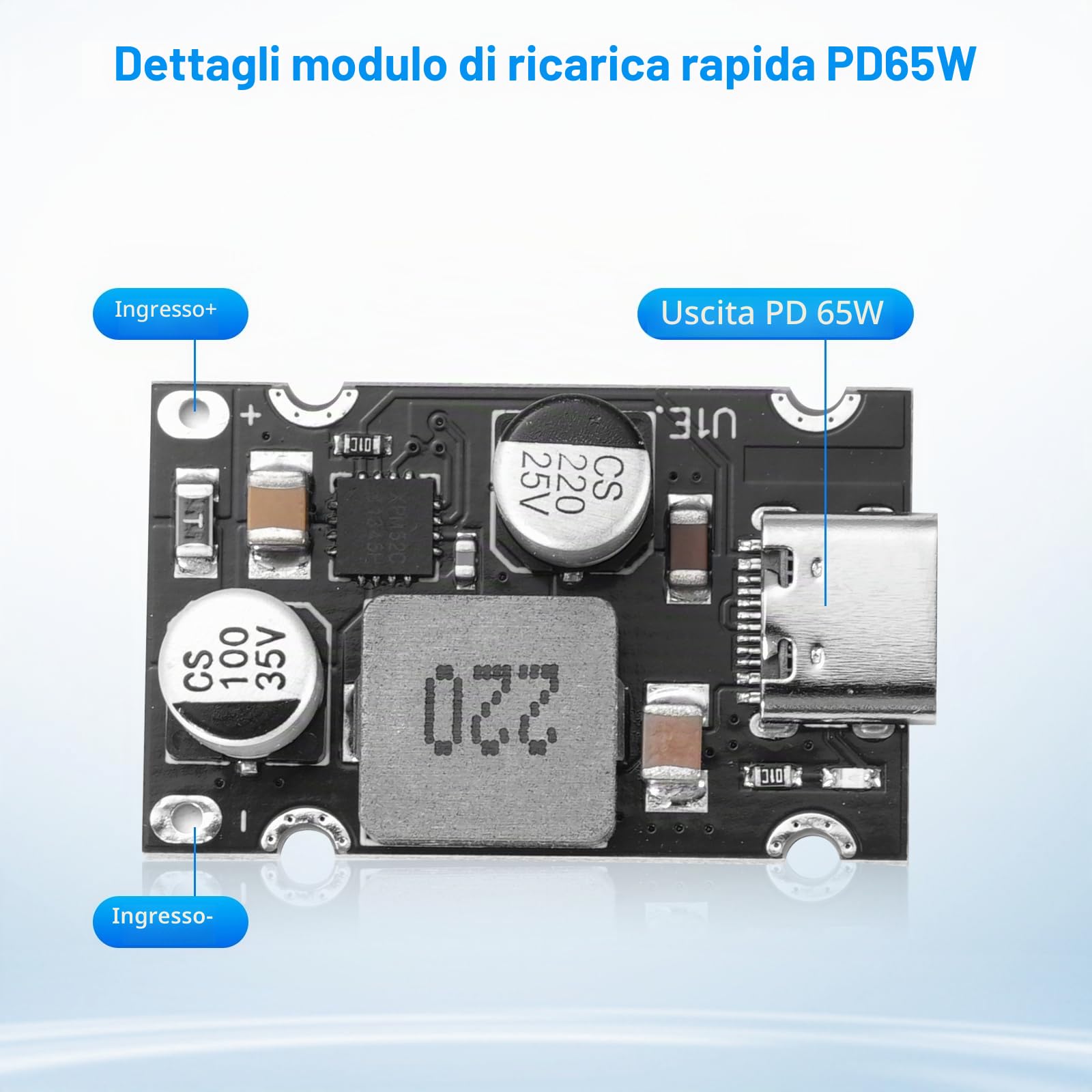 3 Moduli Di Ricarica Rapida PD65W DC-DC Con USB-C E QC3.0 – Ingresso 8-30V, Uscita Fino A 20V 3.25A, Efficienza 97%, Protezioni Integrate