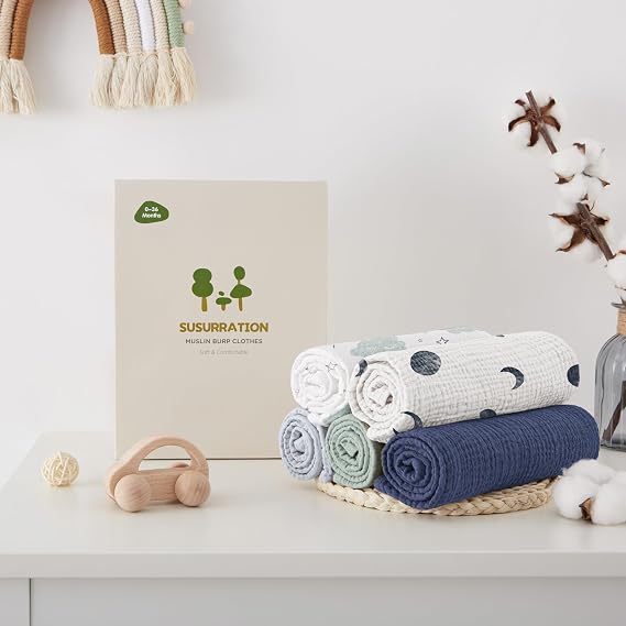 Susurration Muslin Cloths for Baby, 100% Cotton Baby Muslin Squares Cloths for Newborn Boy and Girl, Soft, Breathable and Extremely Absorbent Baby Muslin Burp Cloths, 60 x 60 cm, 5 Pack