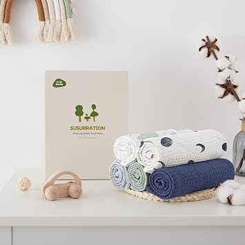 Susurration Muslin Cloths for Baby, 100% Cotton Baby Muslin Squares Cloths for Newborn Boy and Girl, Soft, Breathable and Extremely Absorbent Baby Muslin Burp Cloths, 60 x 60 cm, 5 Pack