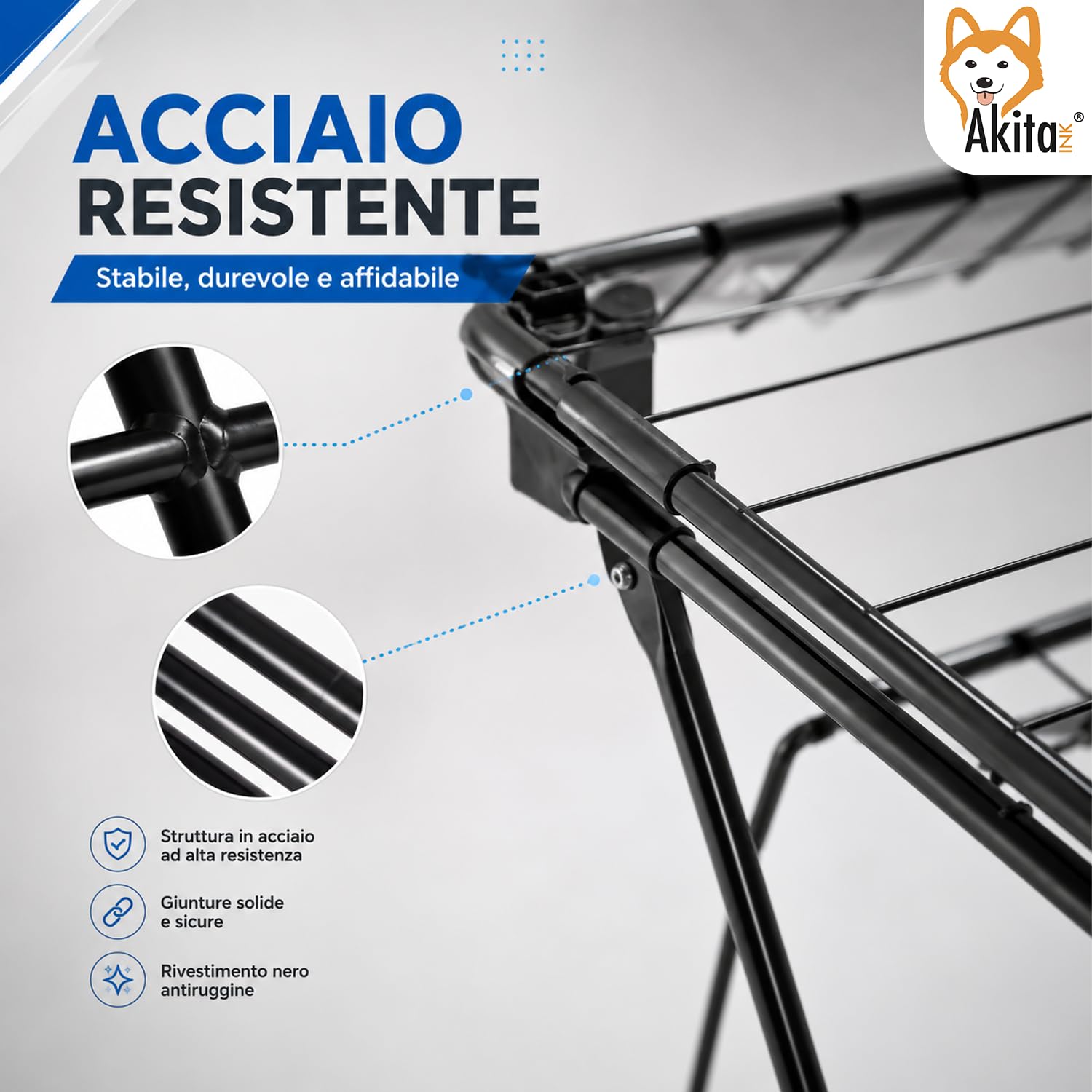 AKITAInk Stendibiancheria WINGSLUX Nero da Pavimento, 18 m di Stenditura, Pieghevole in Acciaio con Supporto Calzini e Piedini Antiscivolo