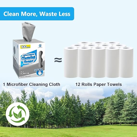 GLIMGLINT Microfiber Cleaning Cloth, 100 Pack Cleaning Rags, Lint-Free, Ultra Absorbent Reusable Paper Towels for Home, Kitchen, Car, Garage or Shop, Microfiber Rags, 11 x 9, Grey