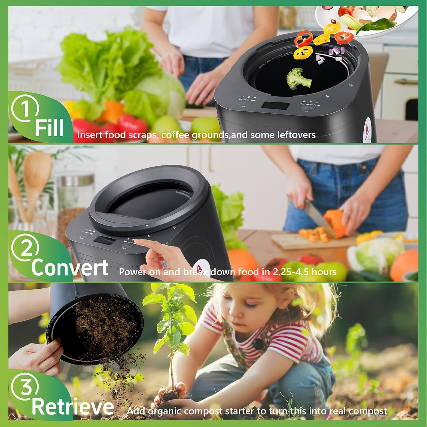 Three steps of composting: Fill, Convert, Retrieve