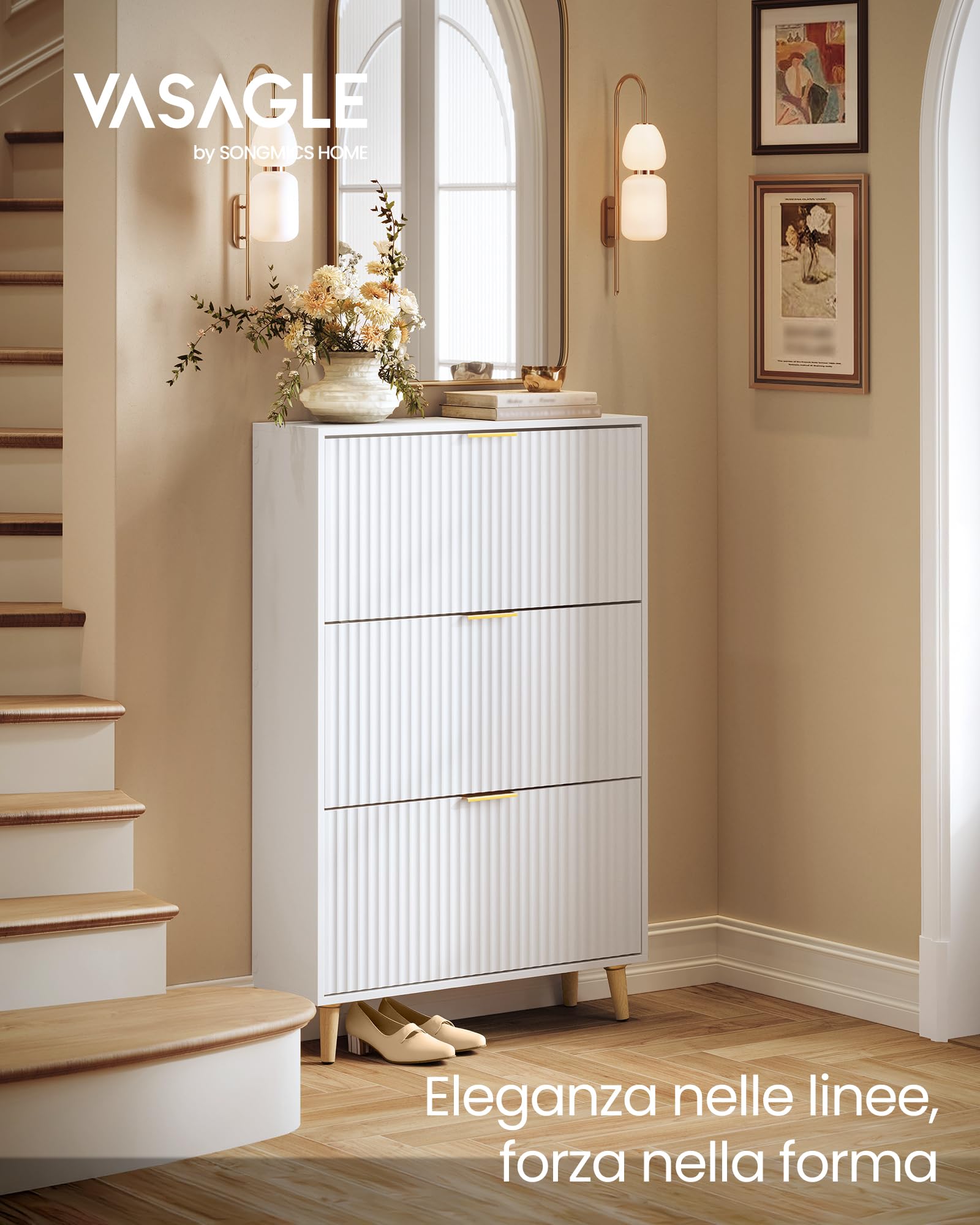 VASAGLE MAXE Collezione - Scarpiera con 3 Ribalte, Mobile Portascarpe Stretto Autoportante per Ingresso, con Ante Scanalate, per 18-24 Paia, Stile Moderno di MetàSecolo, Bianco Nuvola HSC302WB02