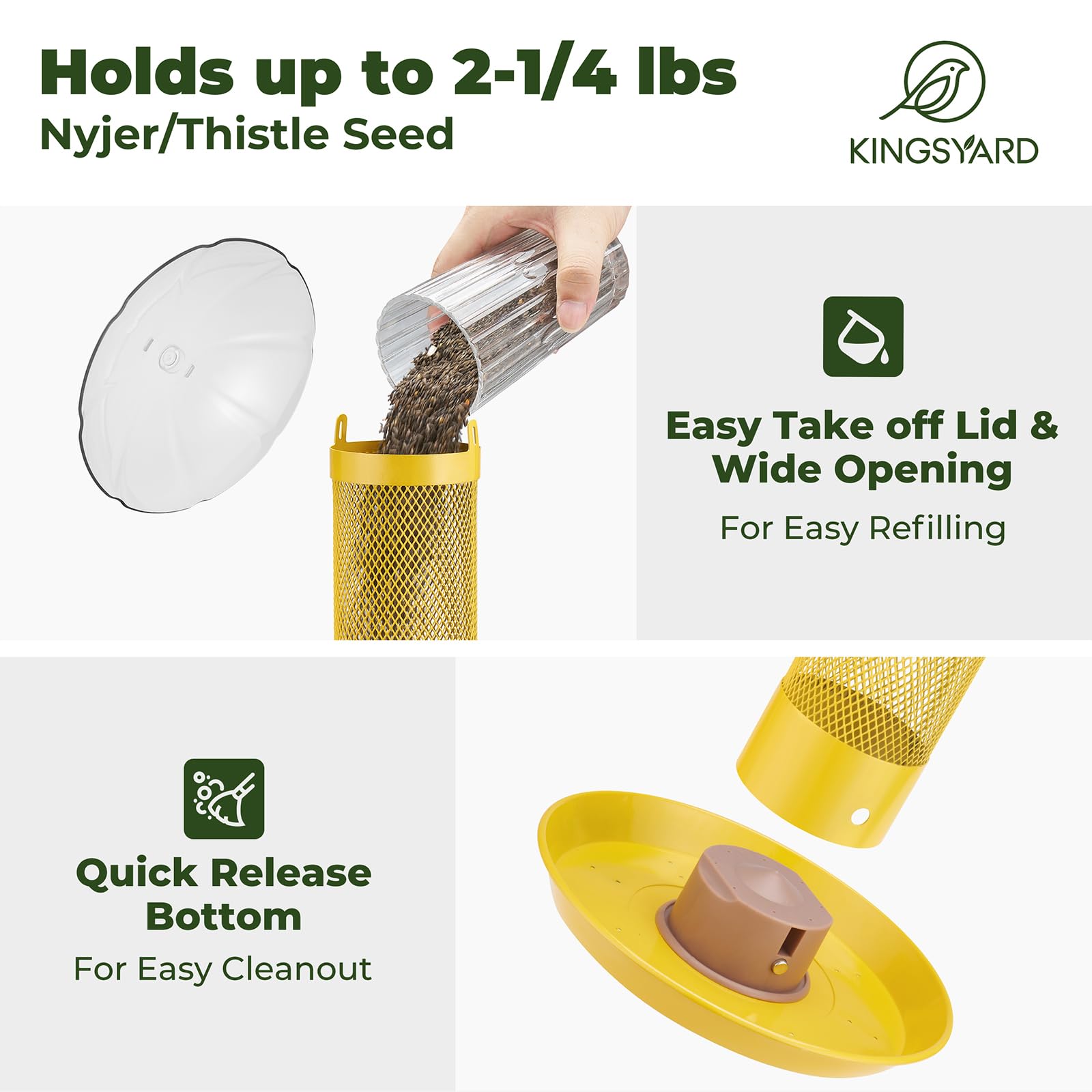 Kingsyard Thistle & Nyjer - Comedero para pájaros para colgar al aire libre, comedero de metal con cúpula resistente a la intemperie y bandeja extraíble, tubo de malla de 14 pulgadas, capacidad de