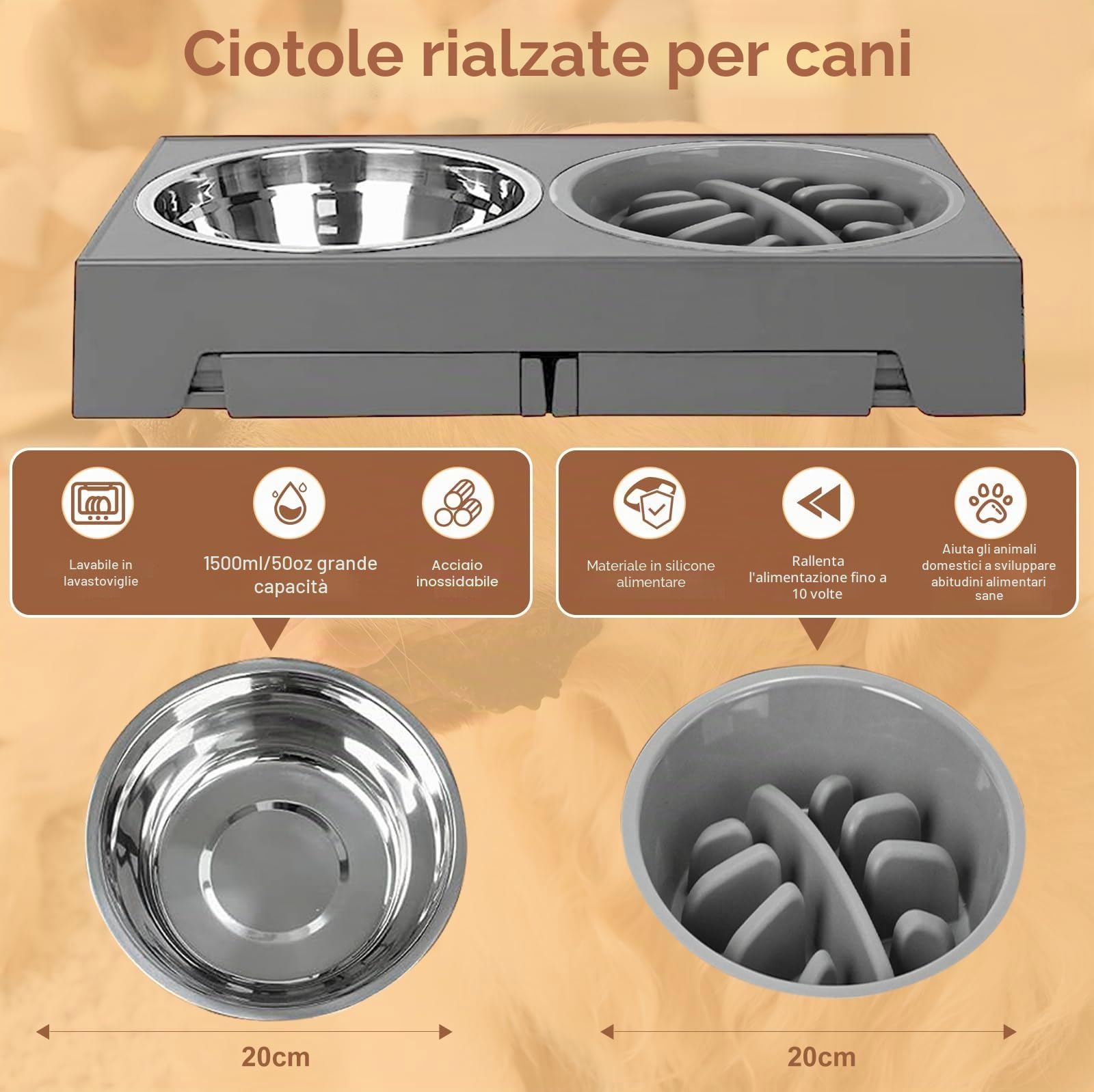 Ciotola Rialzata per Cani, 4 Altezze Regolabili, Ciotole in Acciaio Inox e Mangiatoia Lenta Anti-Ingozzamento, Supporto Antiscivolo Pieghevole per Cani di Tutte le Taglie e Gatti