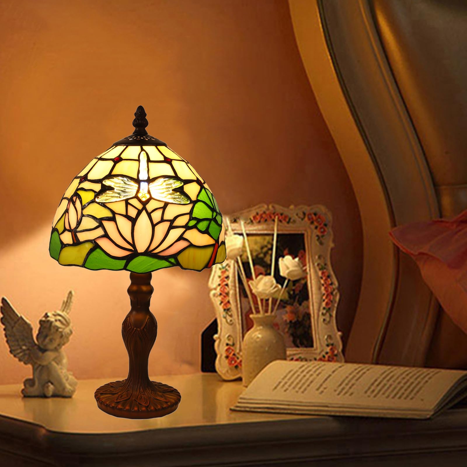 Lampada da Tavolo Tiffany Con Paralume in Vetro Colorato - per Soggiorno, Camera da Letto, Studio e Tavolino da Caffè