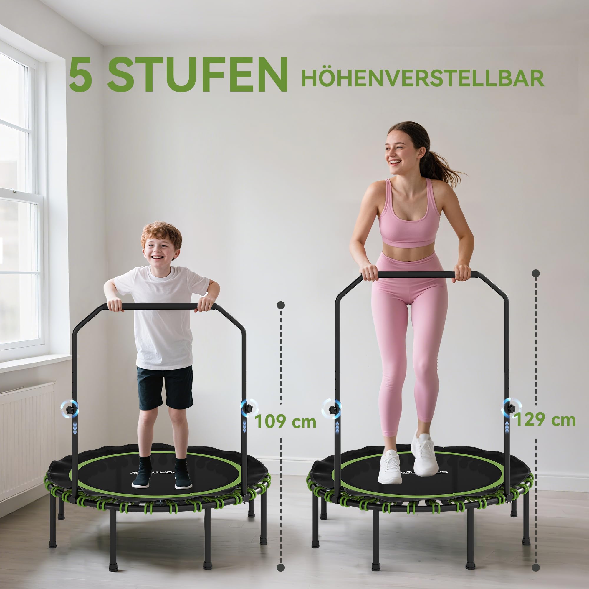 SPORTNOW Trampolina fitness, Ø 114/122 cm, składana, mini trampolina z 5 regulowanymi stopniami uchwytu, cicha gumowa linka, trampolina dla dorosłych, do użytku wewnątrz i na zewnątrz