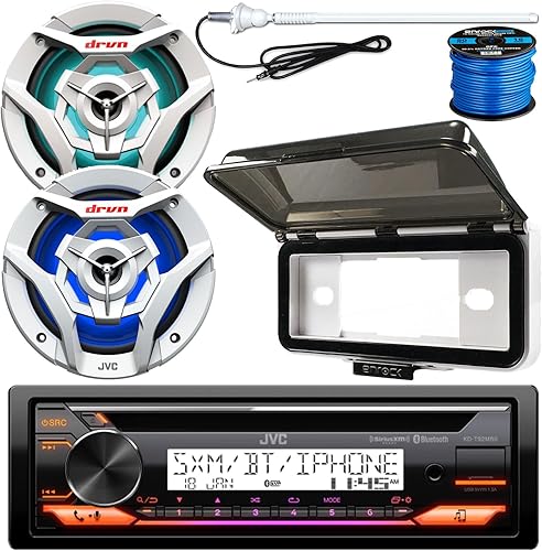 Paquete de receptor de reproductor de CD de radio USB AUX AM/FM con Bluetooth marino DIN único con 2 altavoces de audio de barco blanco de 2 vías de