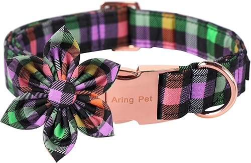 ARING PET Collar de perro de Halloween, collar de algodón para perro con flor, lindo collar ajustable de Halloween a cuadros con hebilla de metal
