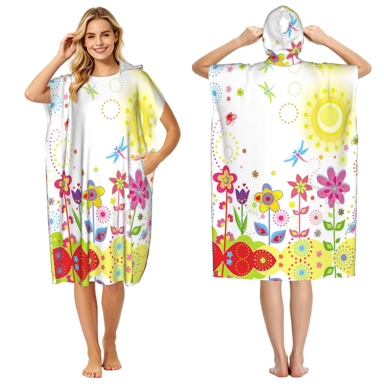 EZDLOWVBA Sun Butterflies Dragonfly Flowers Nursery Print Hooded Poncho Microfiber Beach Towel,Adult Women & Men Changing Robe,Lightweight Summer Surf Swim Bath Poncho Towel