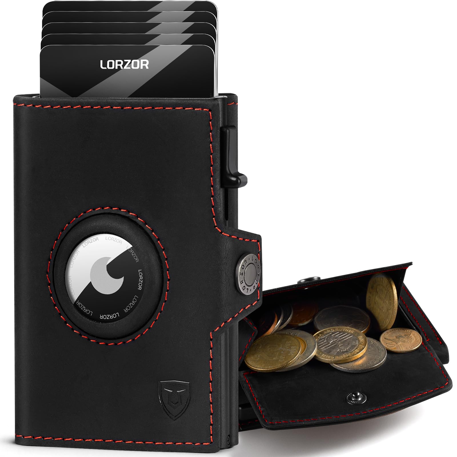 LORZOR AirTag Wallet mit XXL münzfach für 10+ Münzen, Slim Wallet AirTag, Geldbörse Herren Echtleder Portemonnaie, AirTag Portmonee Herren Geldbeutel, Kartenetui RFID schutz, Smart Wallet, Brieftasche