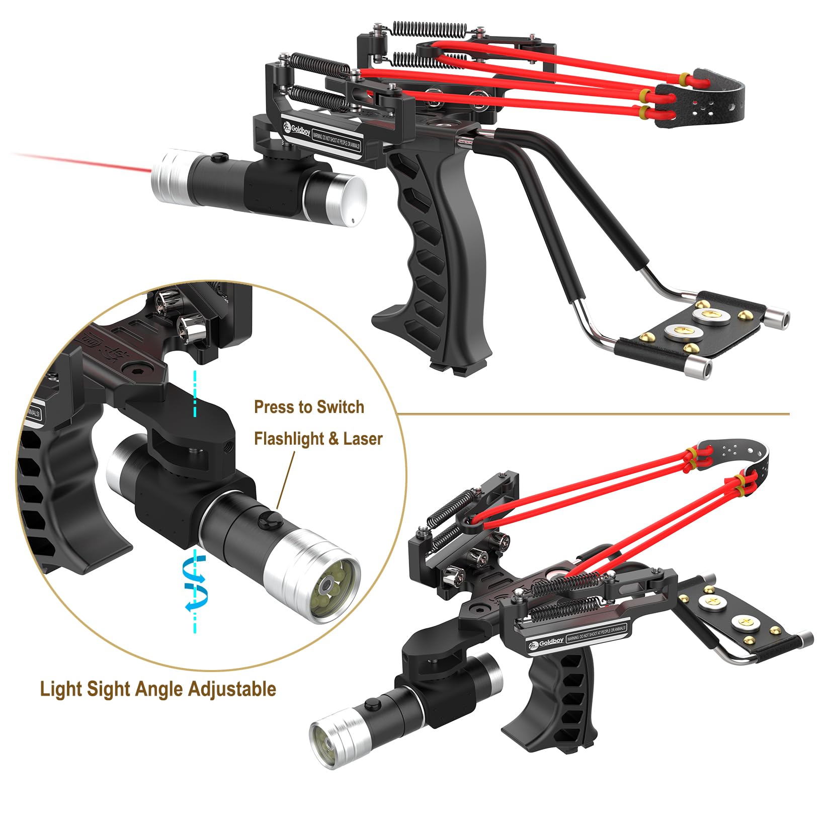Goldboy Slingshot with Red Beam Sight, Wrist Rocket with Flashlight, Hunting Slingshot 4 Rubber Bands 220 Ammo Adults Black