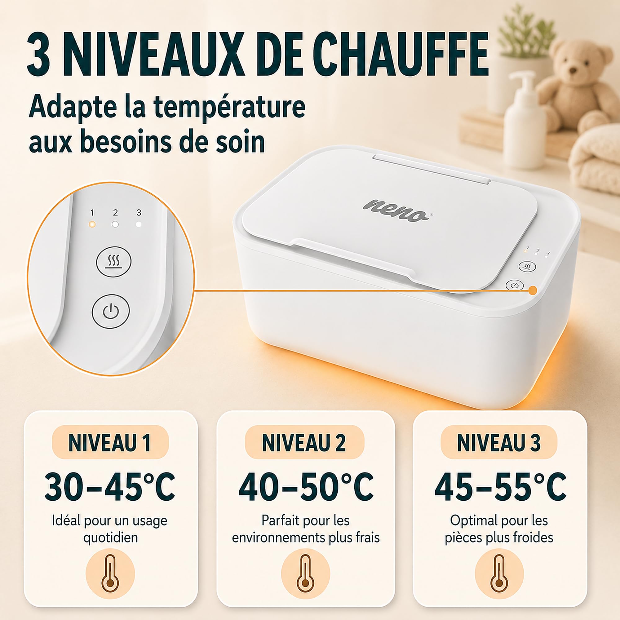 Neno Calor Chauffe Lingettes Bébé Électrique, Chauffe Lingettes Humides avec 3 Niveaux de Température, Écran Tactile, Maintien de l’Humidité, Silencieux, Base Antidérapante, 150 Lingettes