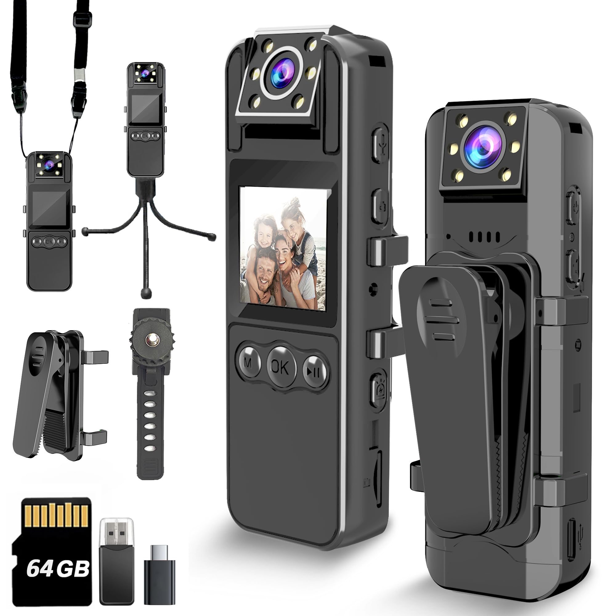 Body Camera with Audio and Video Recording, HD 1080P Body Cam with 180° Rotating Lens, 6HR Battery, Night Vision, Body Worn Camcorder, for Personal Civilians, Police Law Enforcement (64GB)