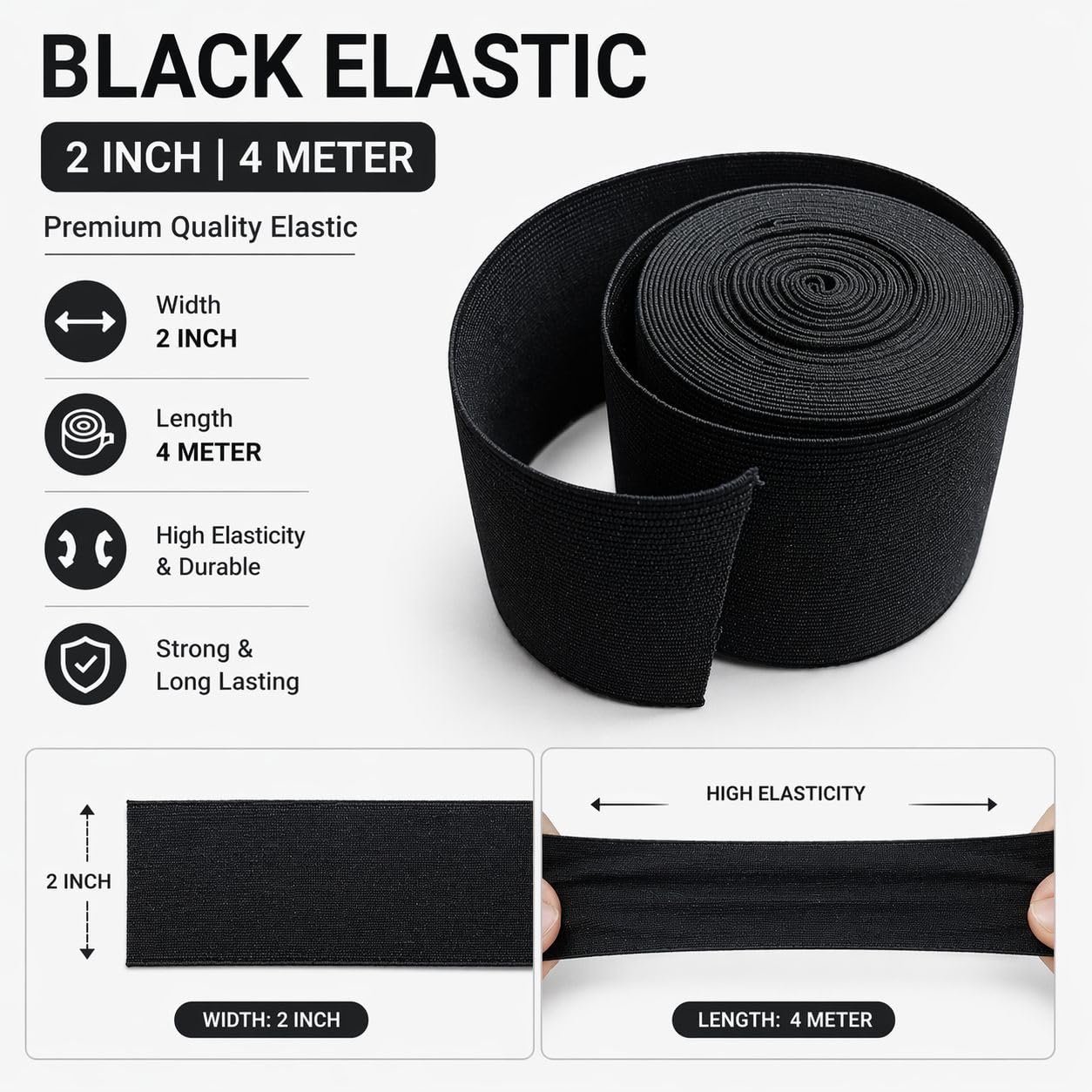 Zenith 2-Inch Wide Braided Elastic - 4-Meter Roll for Sewing & Tailoring | Strong & Flexible Stretch | Ideal for Waistbands, Cuffs & Dressmaking | High-Tensile Strength & Machine Washable. (Black) 1