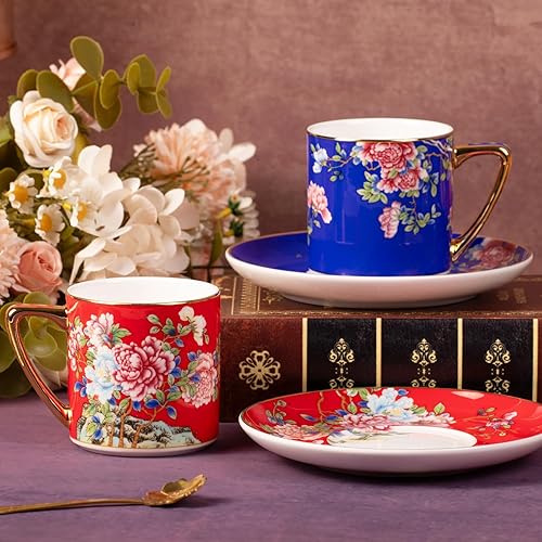 Miniatura 7 de KAMMAK Juego de 2 tazas de té y platillos, tazas de café de porcelana con platillo para espresso, capuchino, taza de cerámica vintage de 7.5 onzas