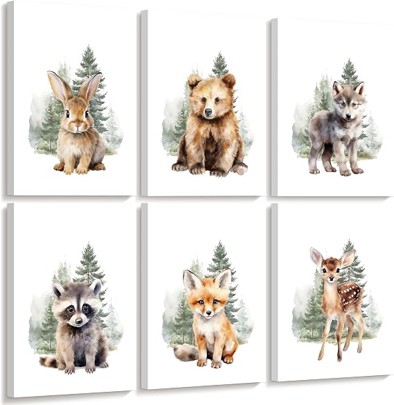 Amazon.com: Woodland Animal Nursery Wall Art Decor Set of 6 Baby Boys ...