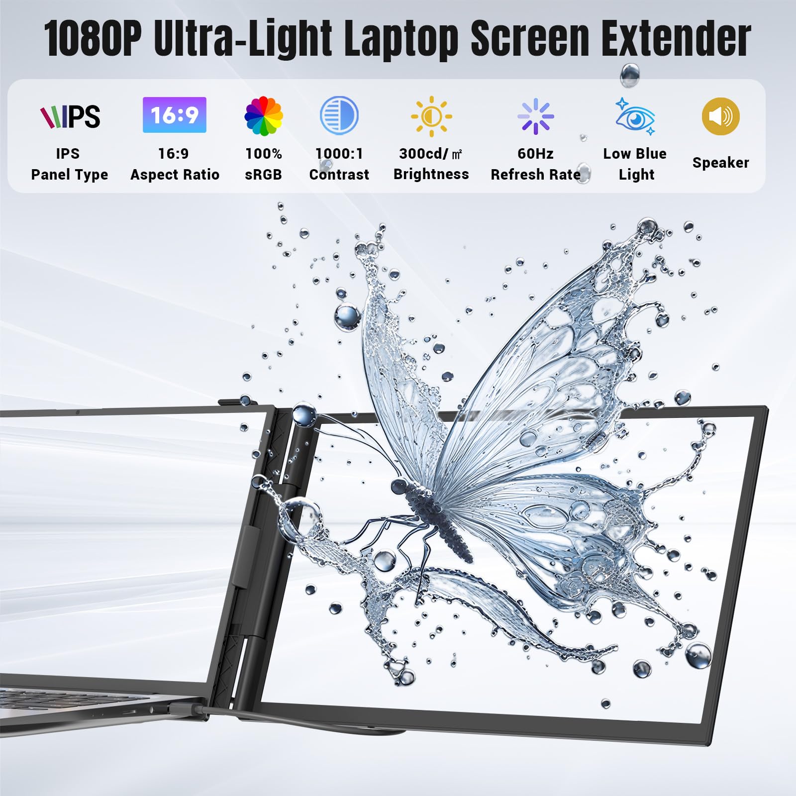 Ultra-dünner Portable Monitor for Laptop, 14” Triple Laptop Bildschirm Extender, 1080P FHD Laptop Screen Extender, ultraleichte Reisemonitore für 13,3-17,3” Laptops, kompatibel mit Windows/Mac